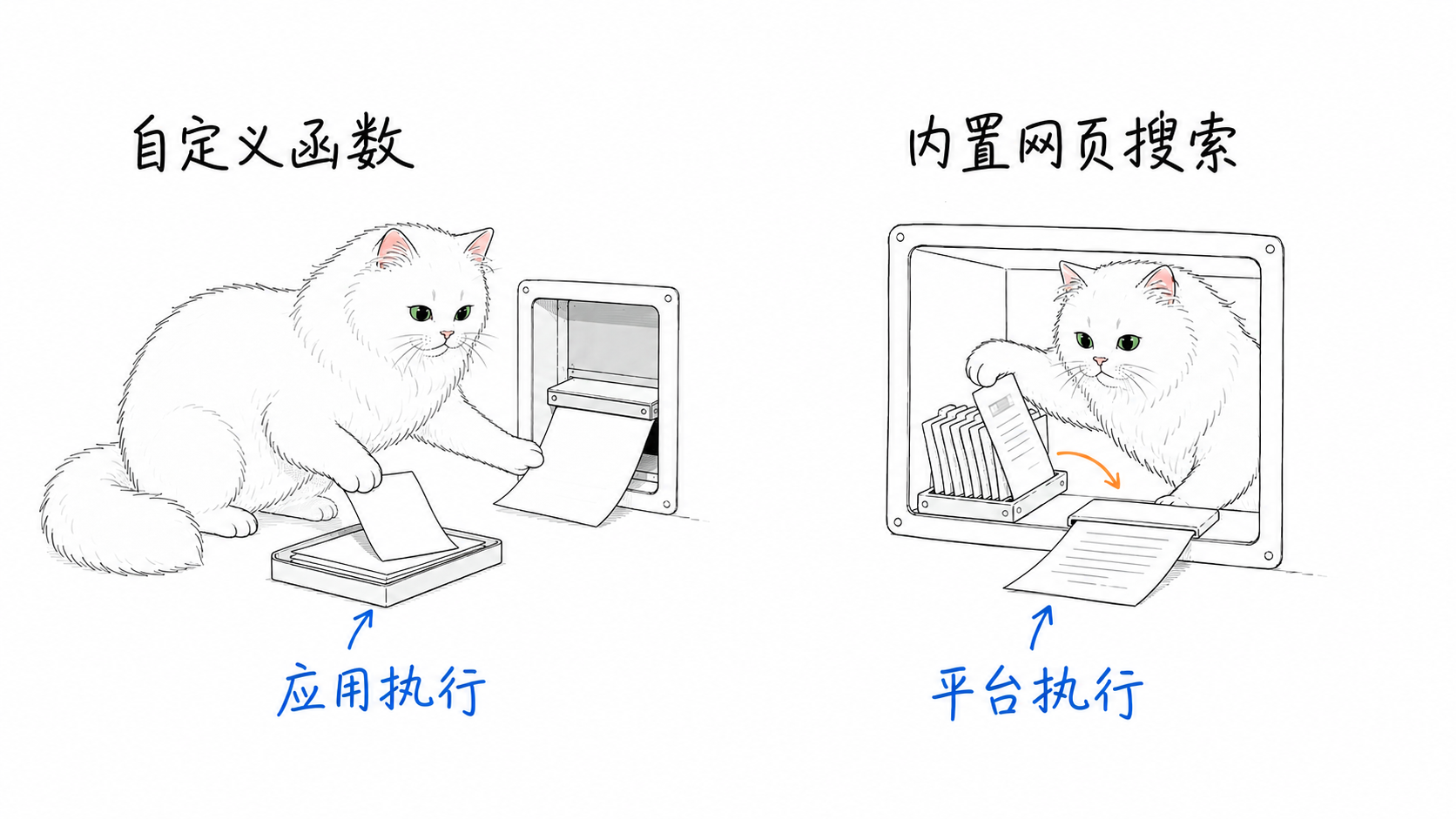 戒指分别在应用侧与平台内检索资料,说明两类工具的执行位置